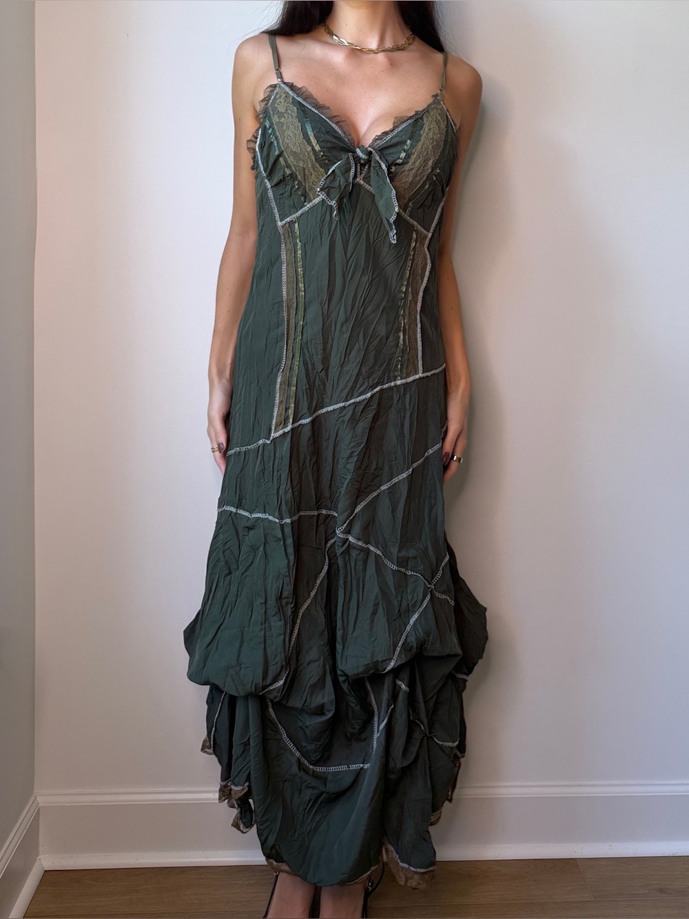MyDesign Paris Y2K Green Fairy Pirate Maxi Dress Corset Lace-Up Handkerchief Hem